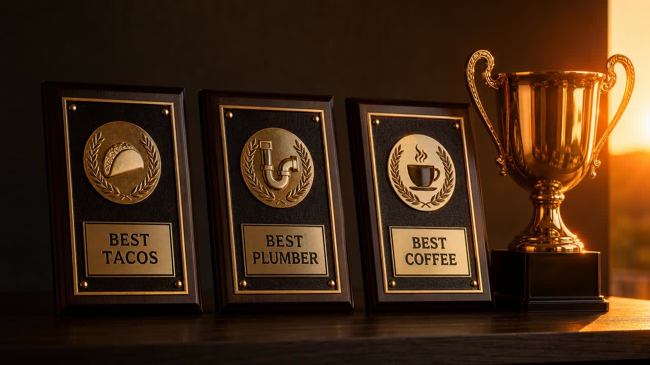 Best of Woodland Hills award plaques and trophy for winning businesses